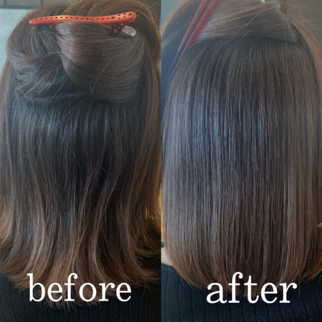 ミディアムヘア縮毛矯正のお客様のbeforeAfterヘアスタイル