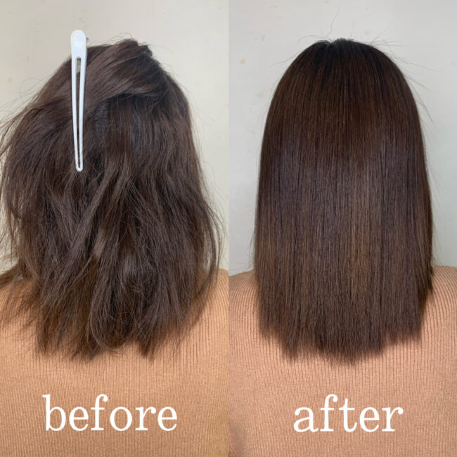 ミディアムヘア縮毛矯正のお客様のbeforeAfterヘアスタイル