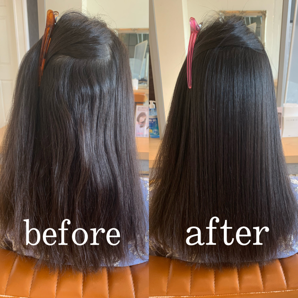 ロングヘア縮毛矯正のお客様のbeforeAfterヘアスタイル