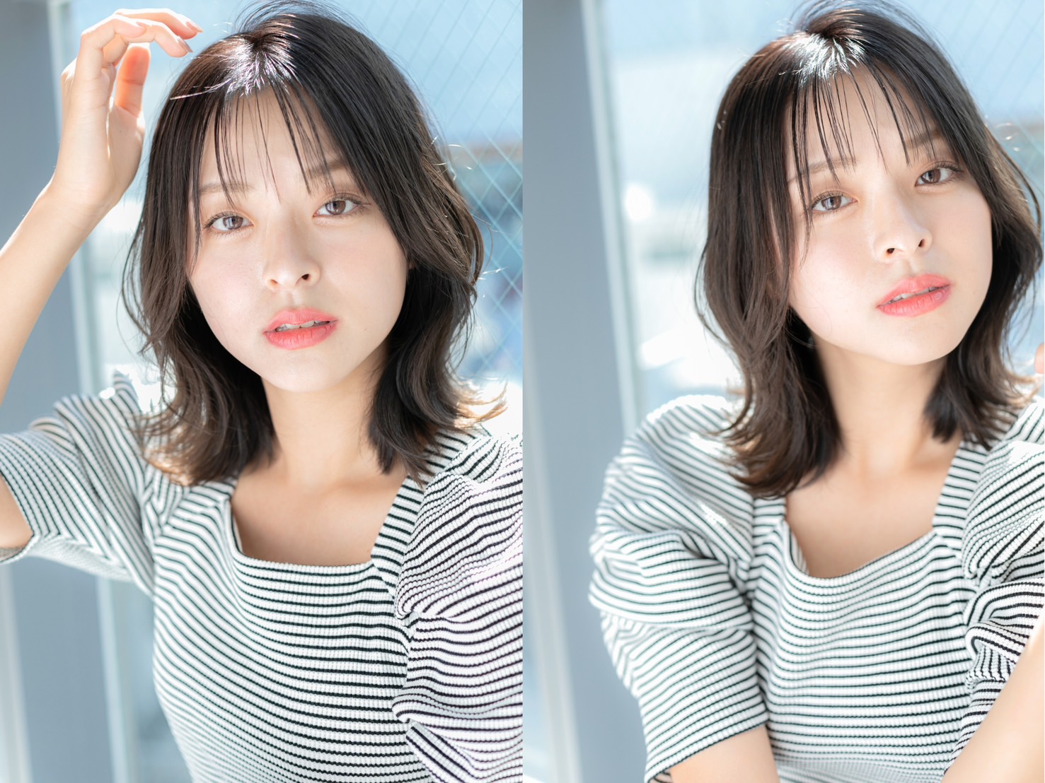 デジタルパーマで顔まわりに動きをつけたミディアムヘア。軽いレイヤーとやわらかいカールで抜け感のあるナチュラルスタイル。