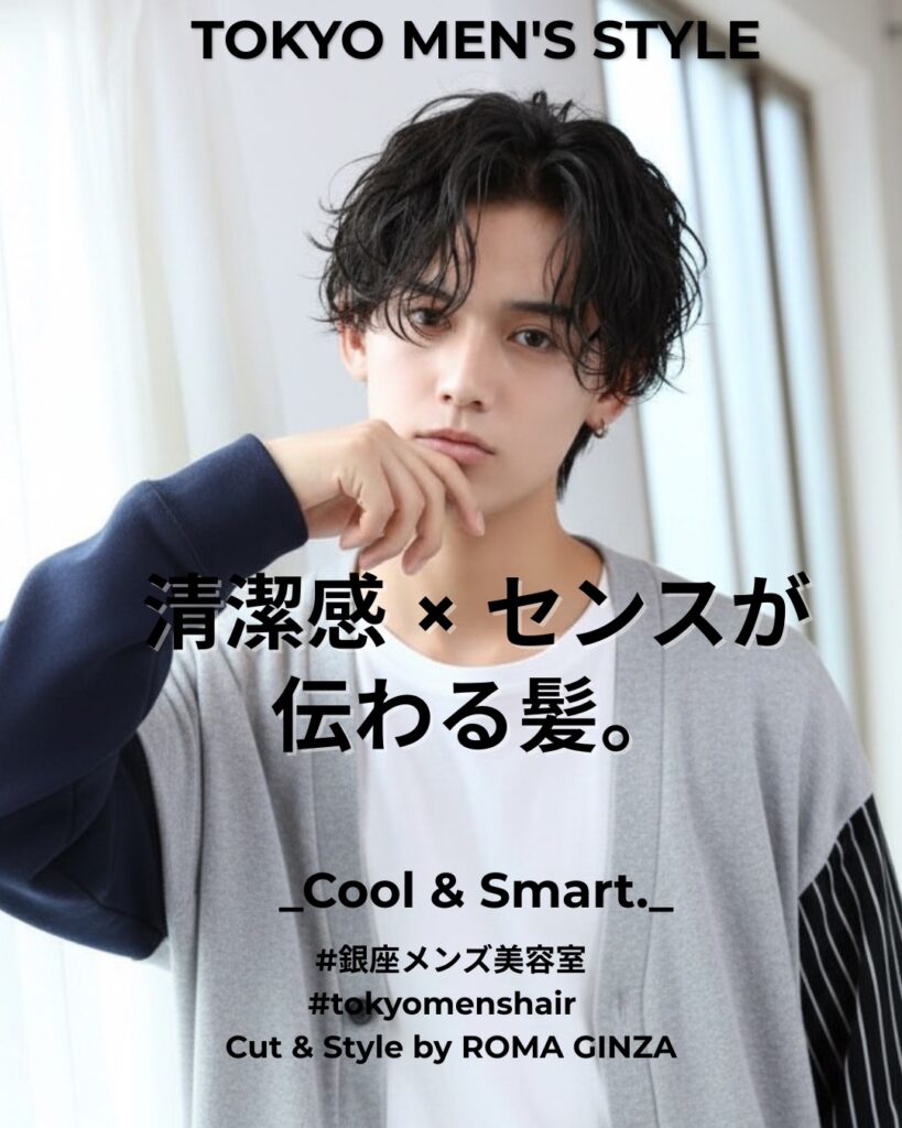 銀座のメンズパーマスタイル｜清潔感のあるセンターパートの黒髪パーマ