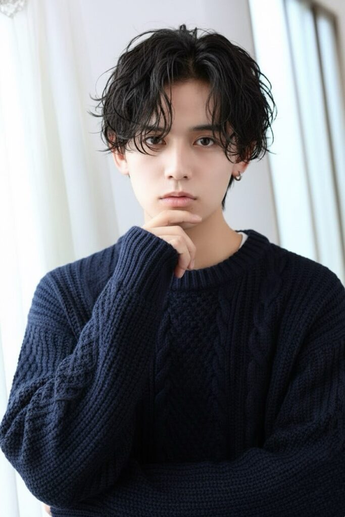 自由が丘のメンズパーマスタイル|清潔感のあるセンターパートの黒髪パーマ