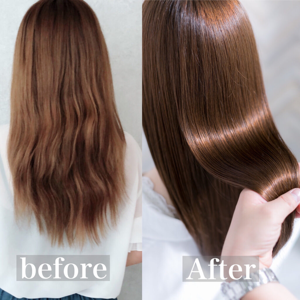 縮毛矯正ビフォーアフター(ロング)|うねり・広がりが自然なストレートに仕上がった実例